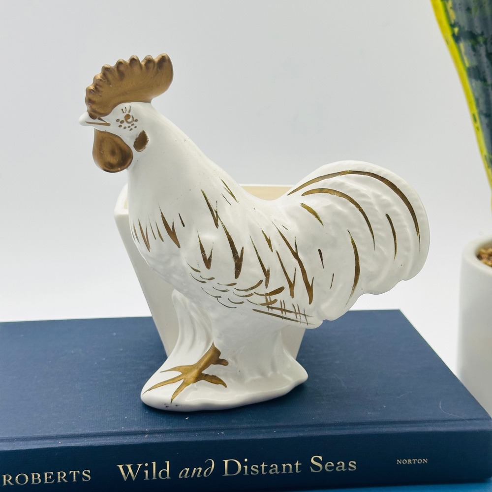 Lefton Vintage White and Gold Ceramic Rooster Planter Figurine 2101